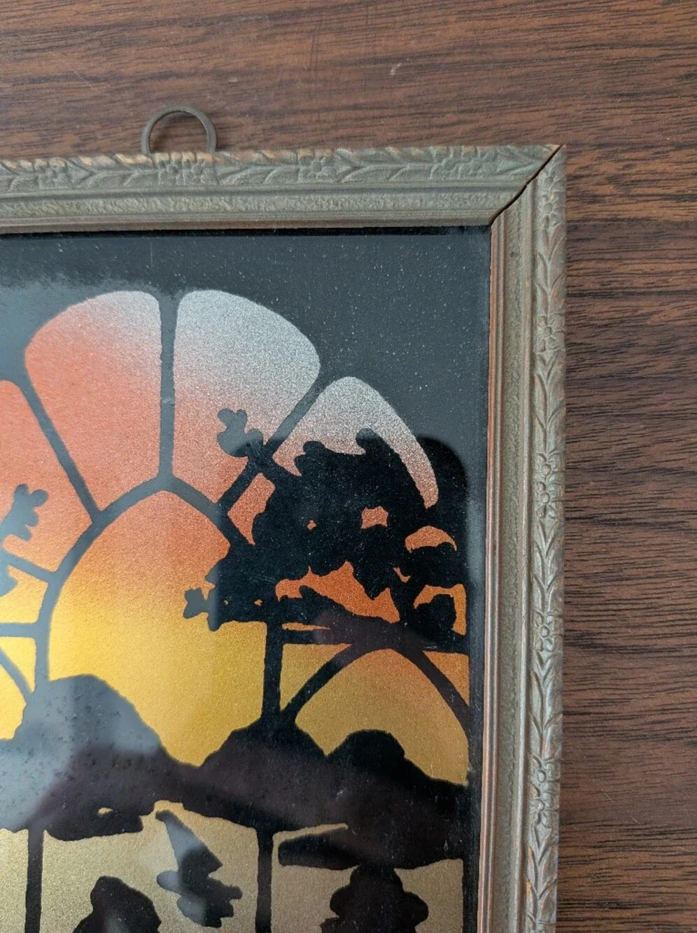 Vintage Set Reverse PaintedSilhouette Window Sunset Couple Lake